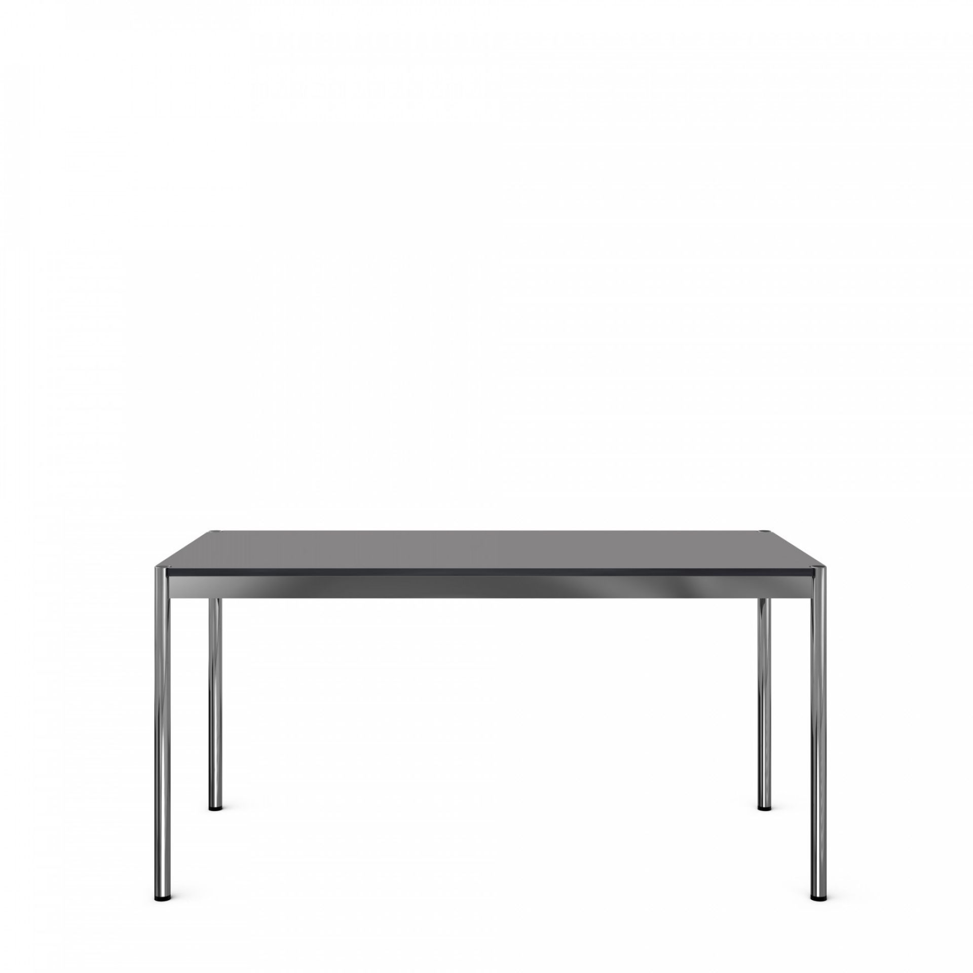 USM Haller Tisch mit grauer Tischplatte und verchromtem Gestell, modernes Design für Büro und Wohnbereich.